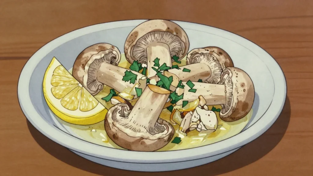 Omajova, giant termite-mound mushrooms sautéed in butter, rainy-season delicacy, Namibia salad & side, anime style