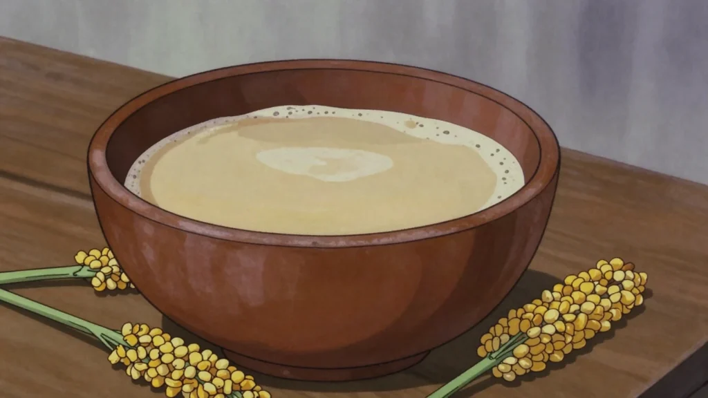 Omalodu, home-brewed mahangu millet beer, thick, sour and served in a calabash, Namibia wine & spirit, anime style