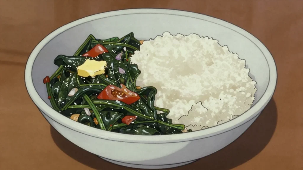 Omboga, dried wild spinach rehydrated into a hearty relish, Namibia salad & side, anime style