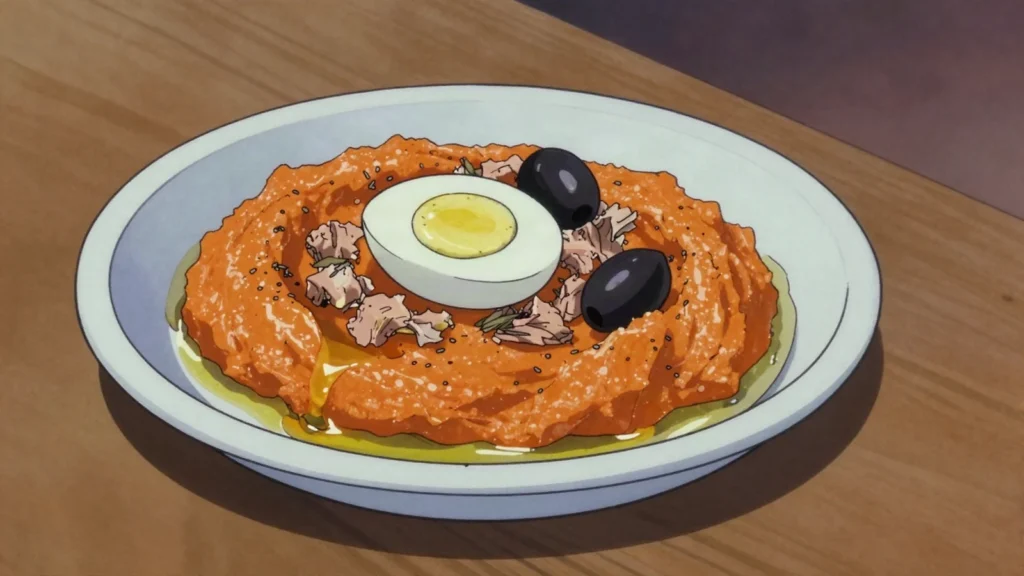 Ommek Houria, mashed carrots with harissa, caraway and lemon, topped with tuna and egg, Tunisia salad & side, anime style