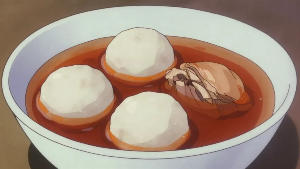 Omo tuo, soft rice balls served in groundnut or palm soup, Ghana main, anime style