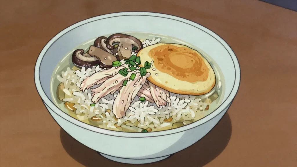 Onban, warm Pyongyang bowl of rice, shredded chicken and mung-bean pancake in broth, North Korea soup & stew, anime style