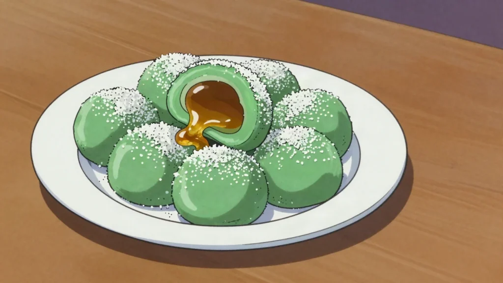 Onde-Onde, pandan glutinous balls bursting with palm-sugar syrup, rolled in coconut, Malaysia snack, anime style