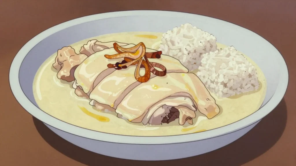 Opor Ayam, gentle coconut-braised chicken served with ketupat at Lebaran, Indonesia main, anime style