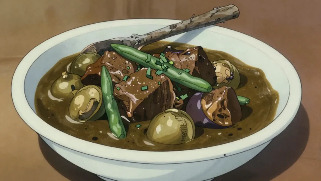 Or Lam, luang Prabang stew of buffalo, eggplant and numbing chili wood, Laos soup & stew, anime style