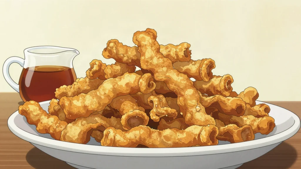 Oreilles de crisse, salt pork jowl fried until curled and crisp, eaten with maple syrup, Canada snack, anime style