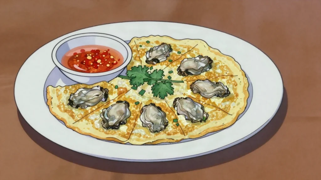 Orh Luak, oysters fried into a soft starchy egg batter with crisp edges, served with, Singapore street food, anime style