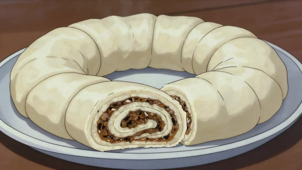 Oromo, coiled steamed dough roll layered with meat or vegetables, Kyrgyzstan main, anime style