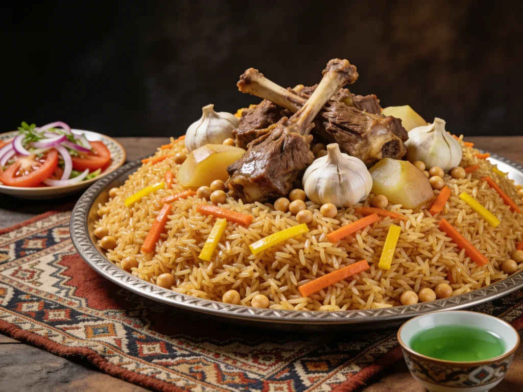 Oshi palav, uNESCO-listed pilaf of rice, carrots and meat eaten from one dish, Tajikistan main, anime style