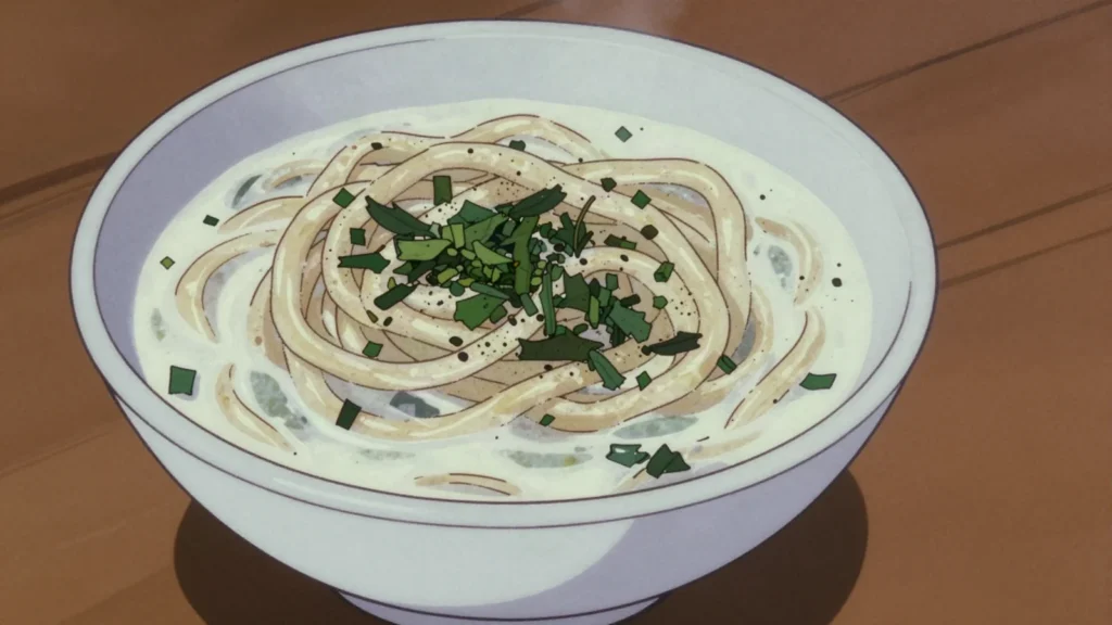 Oshi siyoalaf, pamiri noodles cooked with wild mountain herbs and sour milk, Tajikistan main, anime style