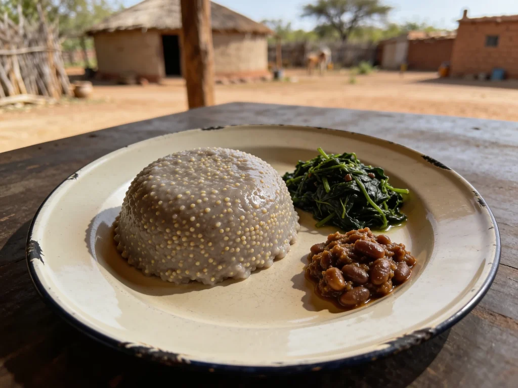 Oshifima, stiff pearl-millet mahangu porridge, Owambo staple, Namibia main, anime style