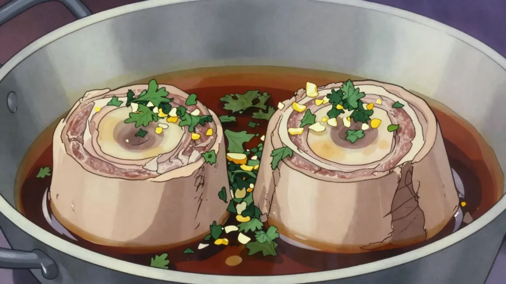 Ossobuco, braised veal shanks finished with lemony gremolata, Italy main, anime style