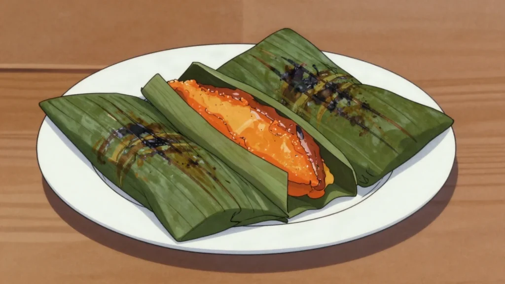 Otak-Otak, spiced fish mousse grilled in banana leaf, Malaysia snack, anime style