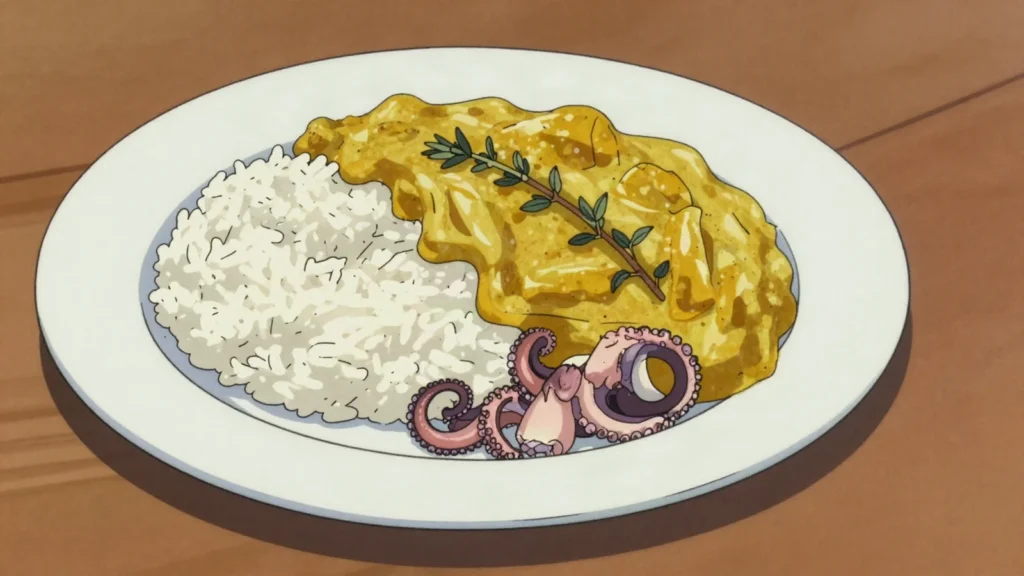 Ourite séchée, octopus salted and dried in the sun, later stewed or curried, Mauritius charcuterie & cured, anime style