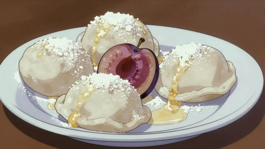 Ovocné knedlíky, fruit-stuffed dumplings showered with quark, butter, sugar, Czechia dessert, anime style