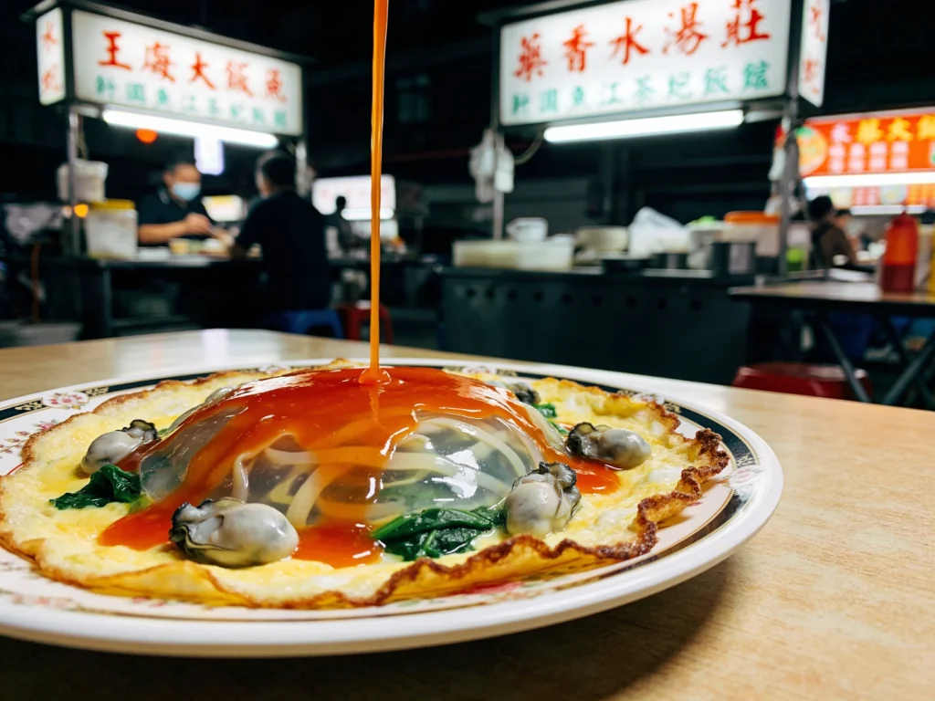Oyster Omelette, night-market egg and sweet-potato-starch omelette with plump oysters and, Taiwan street food, anime style