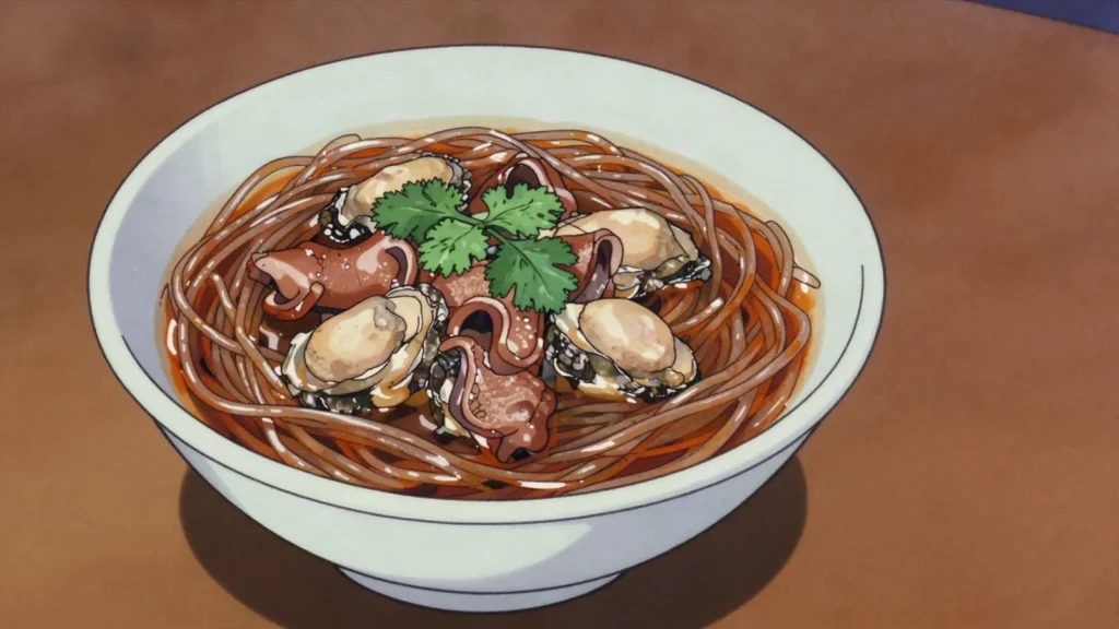 Oyster Vermicelli, thick bonito broth with thin wheat noodles, oysters and pork intestine, Taiwan street food, anime style