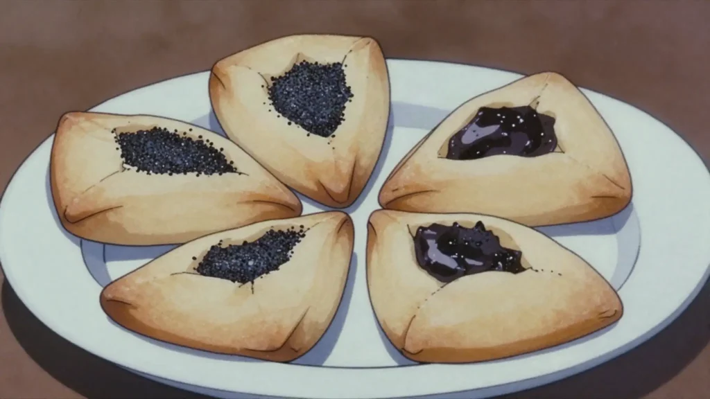 Oznei Haman, triangular filled cookies with poppy seed, chocolate or date, eaten at Purim, Israel dessert, anime style