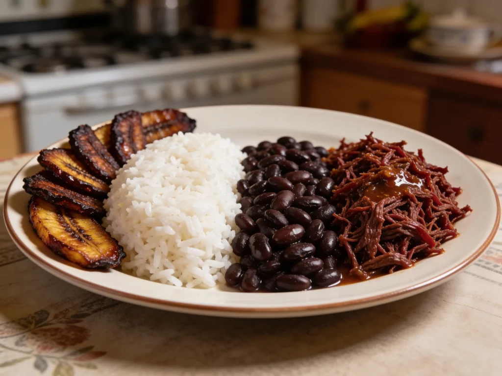 Pabellón criollo, shredded beef, black beans, rice and fried plantains; national plate, Venezuela main, anime style