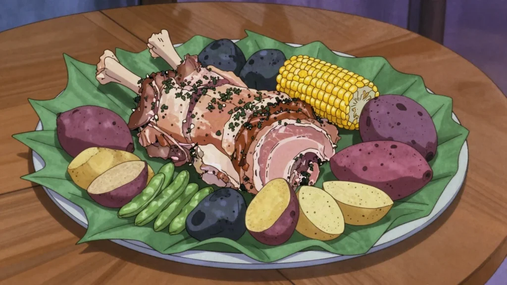 Pachamanca, meats and tubers steamed underground on hot stones, Andean feast, Peru main, anime style