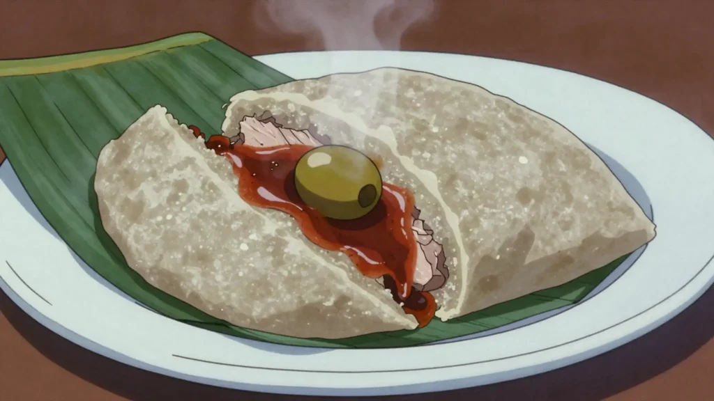 Pache, tamal made of potato rather than corn, filled with pork in red sauce, Guatemala main, anime style