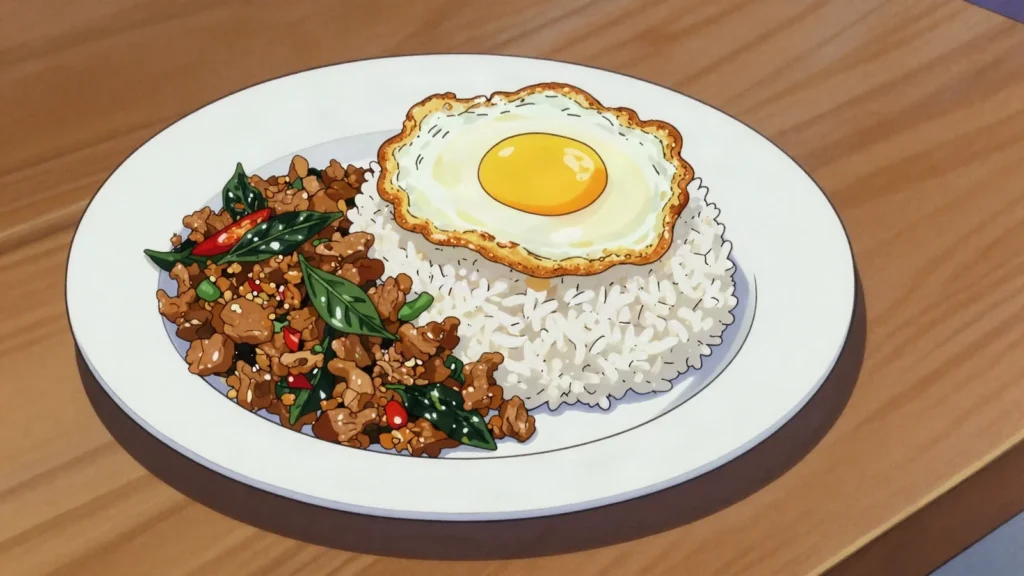 Pad Kaphrao, holy-basil pork or chicken stir-fry over rice with fried egg, Thailand main, anime style