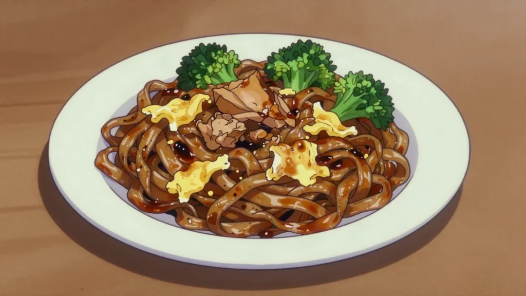 Pad See Ew, wide rice noodles charred with soy sauce, egg and Chinese broccoli, Thailand main, anime style