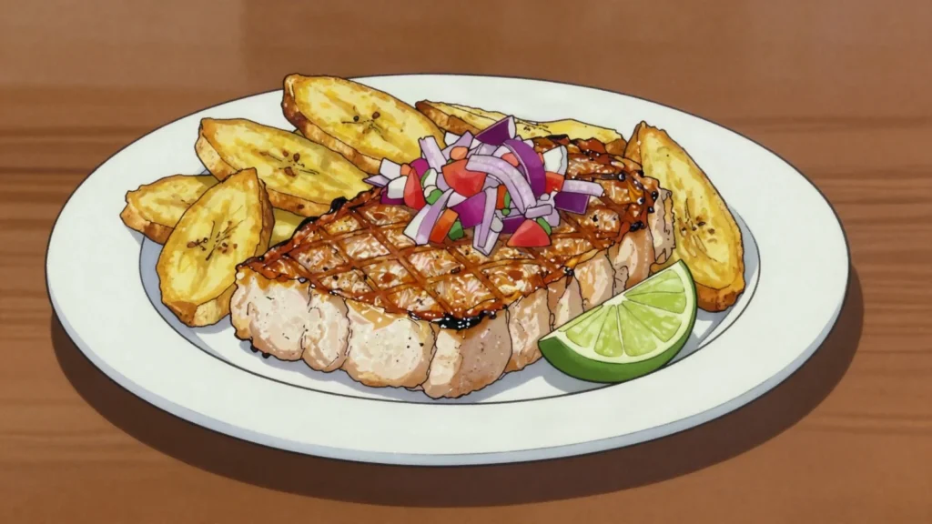 Paiche, steaks of the giant Amazonian arapaima, grilled or fried with plantain, Peru main, anime style