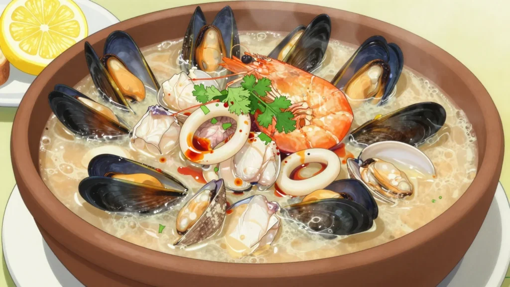 Paila marina, shellfish and fish simmered in briny broth, coastal cure, Chile soup & stew, anime style