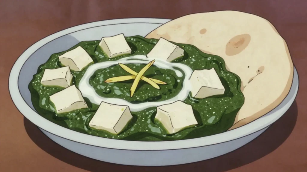Palak Paneer, fresh cheese cubes in pureed spinach gravy, India main, anime style