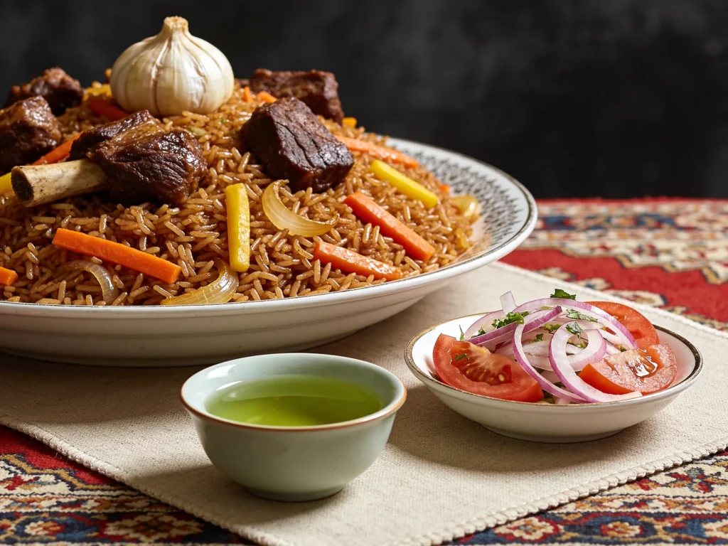 Palaw, turkmen pilaf of rice, mutton and carrots cooked in kazan, Turkmenistan main, anime style