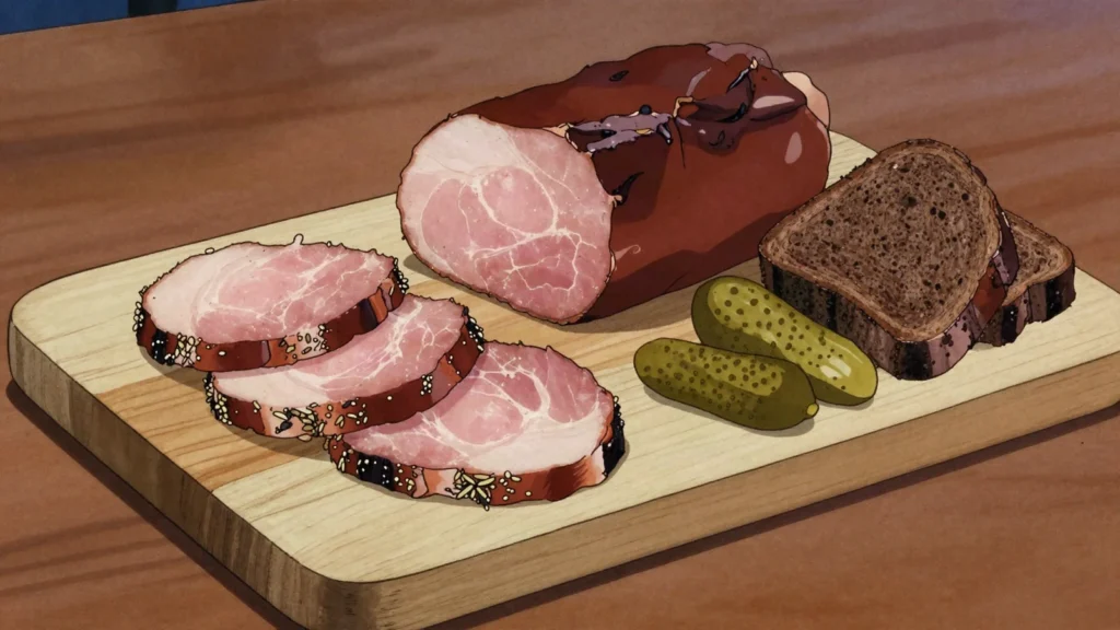 Palendvitsa, pork tenderloin salted with caraway and coriander, air-dried, Belarus charcuterie & cured, anime style