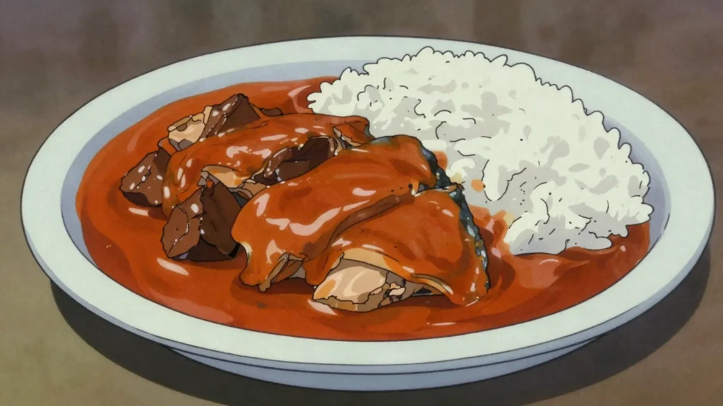 Palm butter, meat or fish simmered in creamy pressed palm-nut sauce, over rice, Liberia soup & stew, anime style