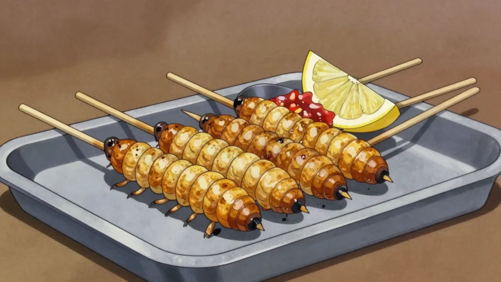 Palm grubs, fat palm weevil larvae grilled on skewers until crisp and buttery, DR Congo snack, anime style
