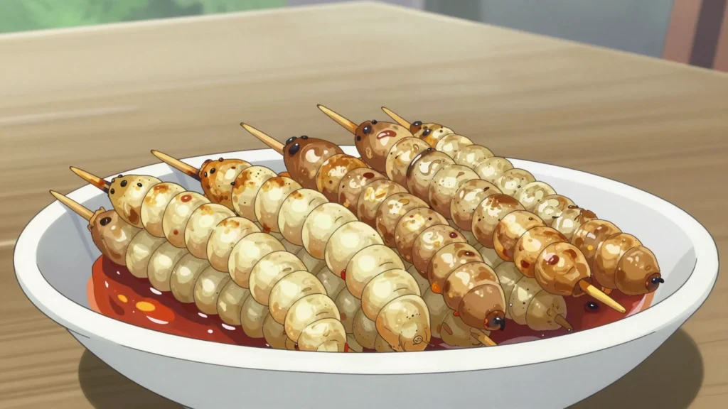 Palm weevil larvae, fat white grubs from felled palms, skewered and grilled until crisp outside, Cameroon snack, anime style