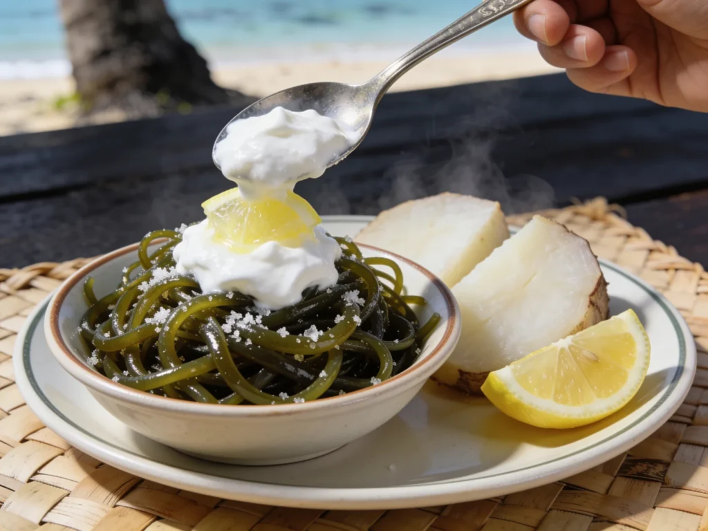 Palolo, sea worms swarming once a year, scooped by net and eaten raw or fried on toast, Samoa snack, anime style