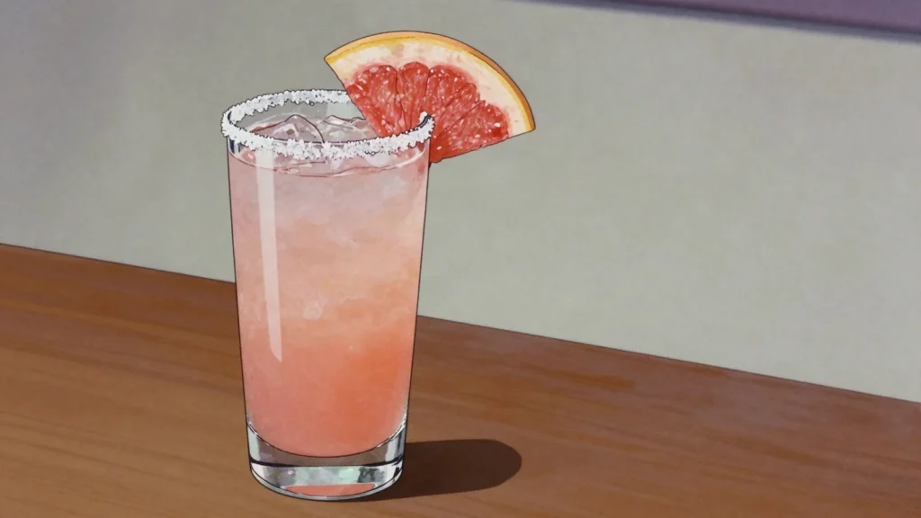 Paloma, tequila lengthened with grapefruit soda and lime over ice with salt, Mexico cocktail, anime style