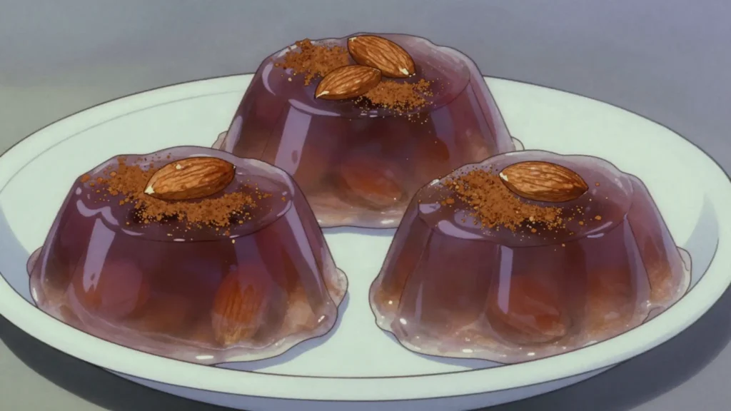 Palouzes, grape must thickened with flour into a set pudding, eaten with almonds, Cyprus dessert, anime style