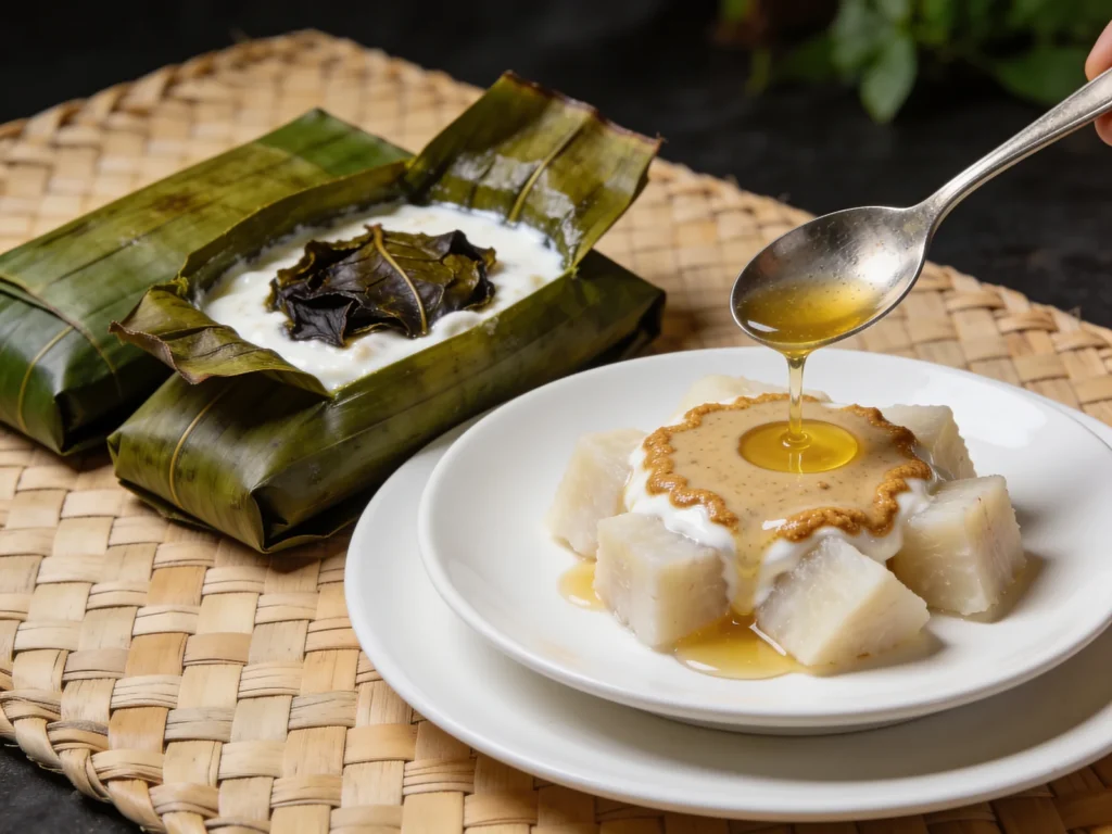 Palusami, coconut cream baked in taro-leaf parcels in the umu, rich and silky, Samoa main, anime style
