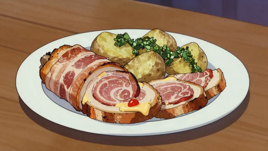 Pamplona, grilled chicken or pork roll stuffed with cheese, peppers, bacon, Uruguay main, anime style