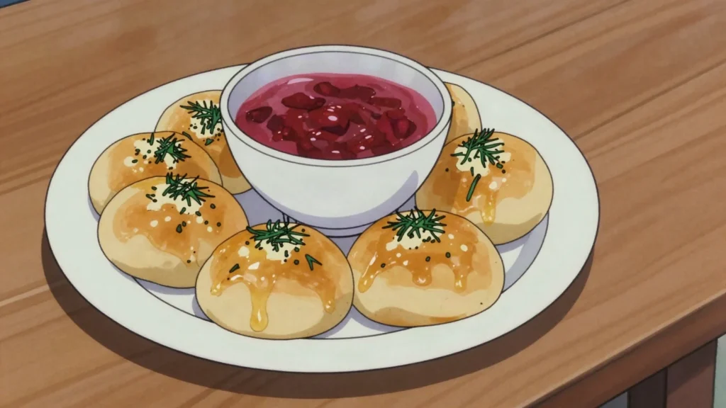 Pampushky, fluffy rolls brushed with garlic oil, borscht's companion, Ukraine bread & pastry, anime style