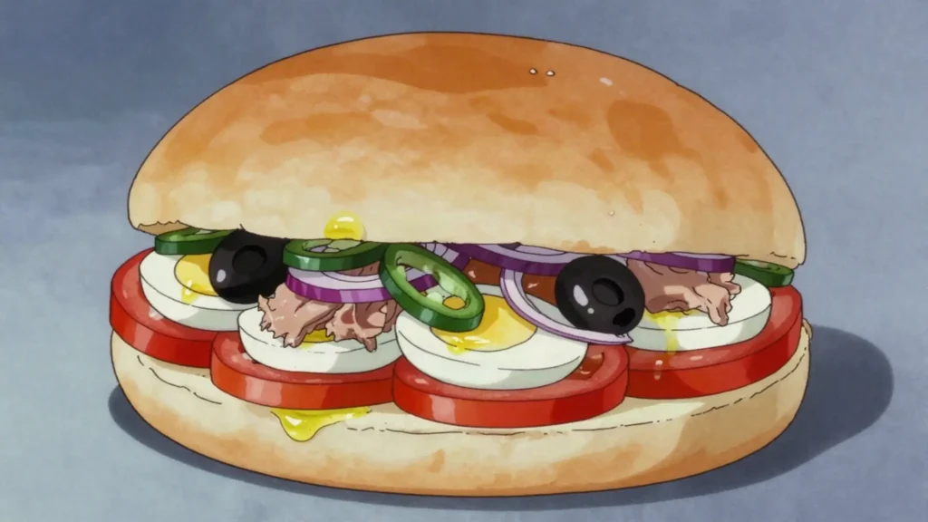 Pan bagnat, round loaf soaked in olive oil and filled with salade niçoise, France street food, anime style