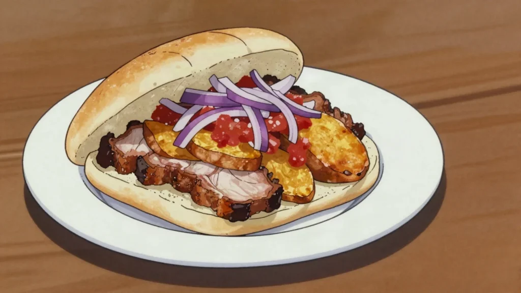 Pan con chicharrón, roll filled with fried pork, sweet potato and salsa criolla, Peru breakfast, anime style