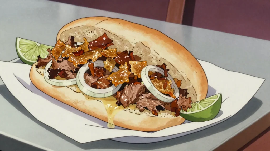 Pan con lechón, roast pork with mojo and raw onion piled into a crusty Cuban roll, Cuba street food, anime style