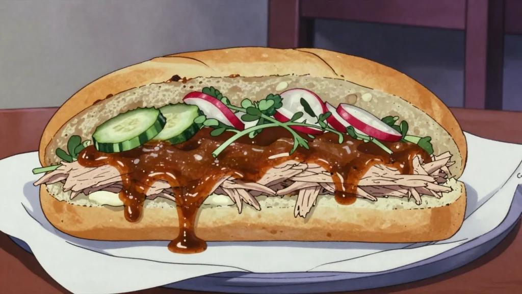 Pan con pavo, turkey braised in dark relajo sauce, piled into crusty bread with salad, El Salvador street food, anime style