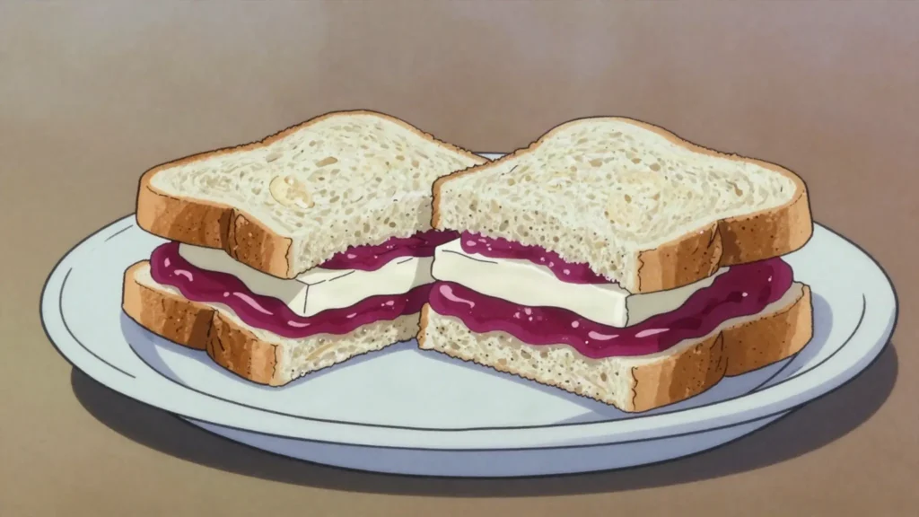 Pan con timba, slab of guava paste and white cheese between pieces of bread, Cuba snack, anime style