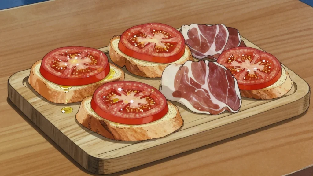 Pan con tomate, toasted bread rubbed with tomato, garlic, olive oil, Spain breakfast, anime style