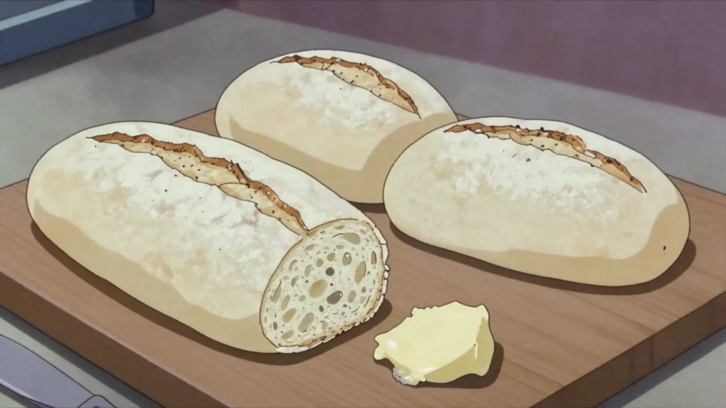 Pan de agua, crusty white water roll split for breakfast with butter or, Dominican Republic bread & pastry, anime style