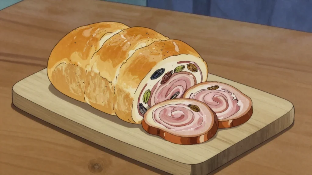 Pan de jamón, christmas bread rolled with ham, olives and raisins, Venezuela bread & pastry, anime style