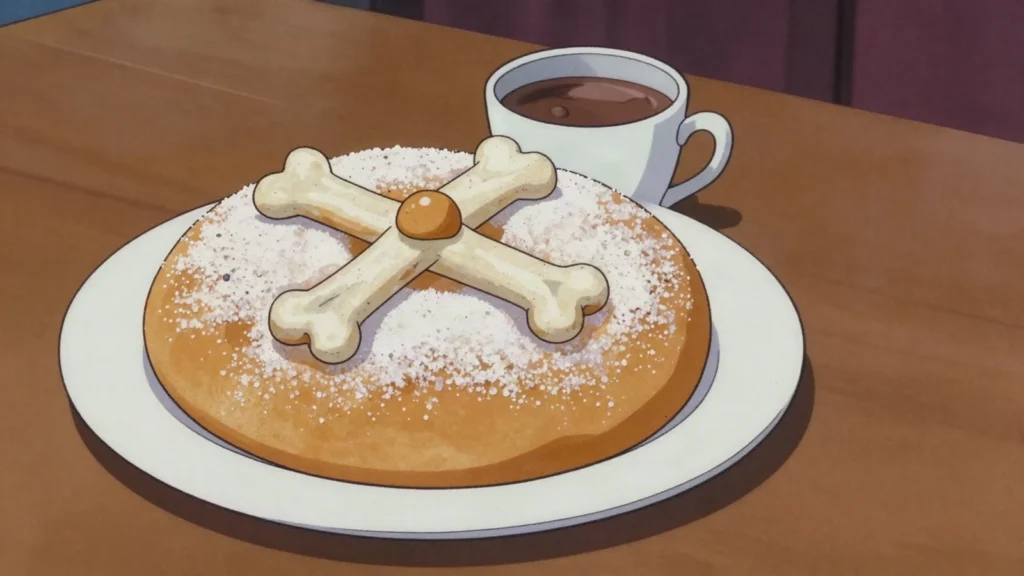 Pan de muerto, sugar-dusted orange-scented loaf topped with dough bones, for Day of the, Mexico bread & pastry, anime style